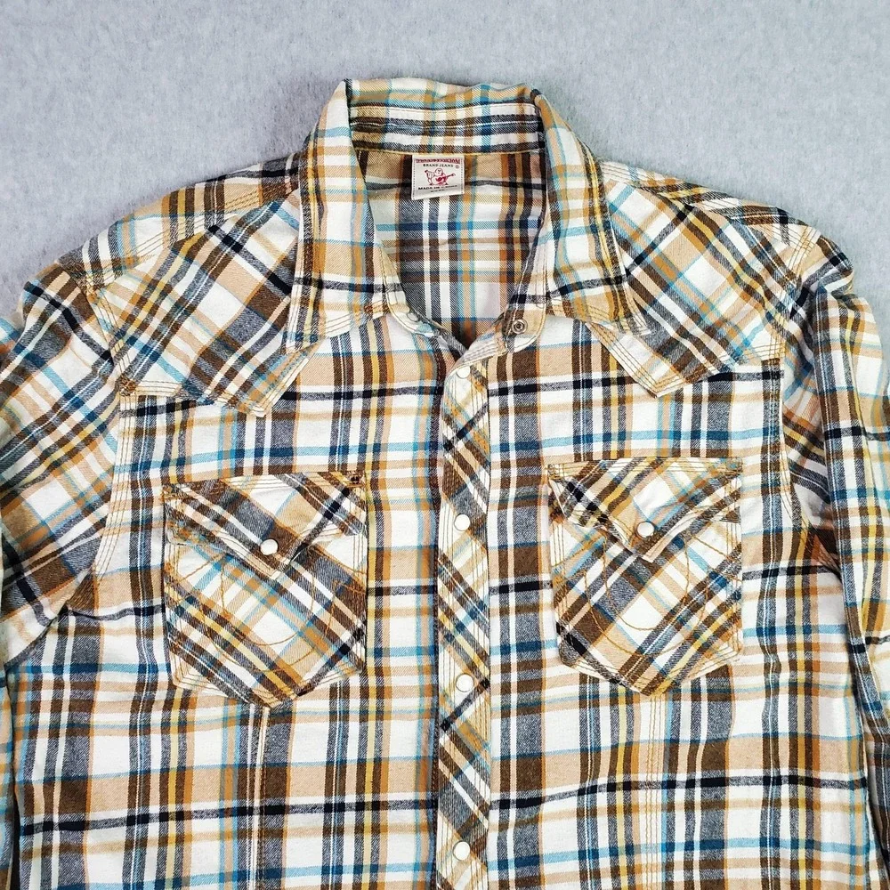 True Religion Shirt Tag Size XXXL Fits 2XL Brown Blue Plaid Pearl Snap Flannel
